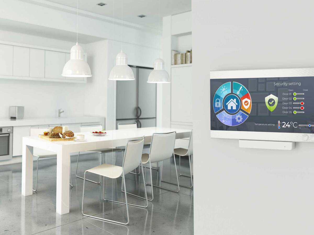 Crisp clean white kitchen with Smart security screen featured