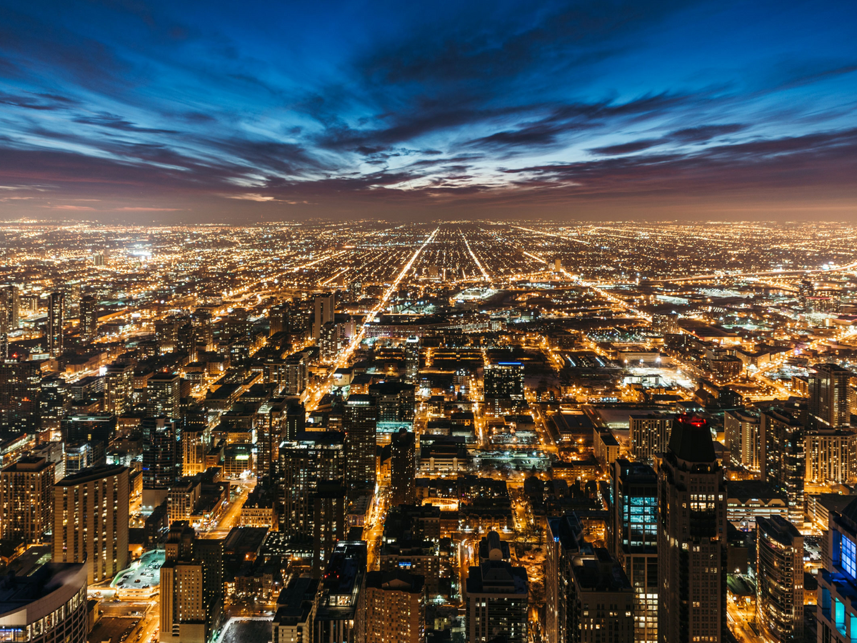 Aerial view of a cityscape at night