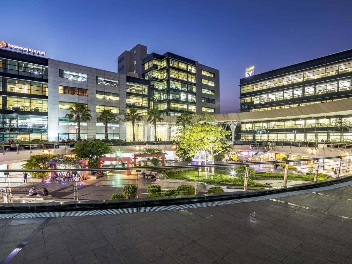 Exterior of an office building complex at twilight