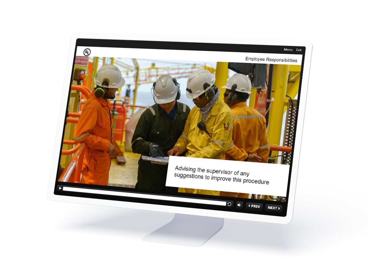 A screenshot of an online training course showing workers wearing hard hats and jumpsuits