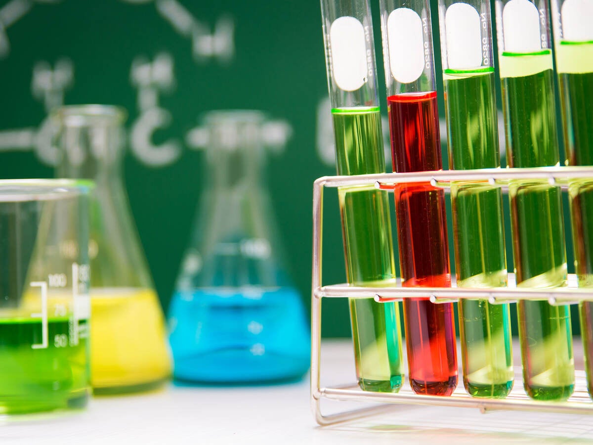 Multi-Colored Chemicals in Laboratory Glassware