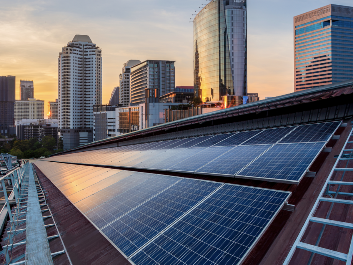 Office building rooftop with solar panels