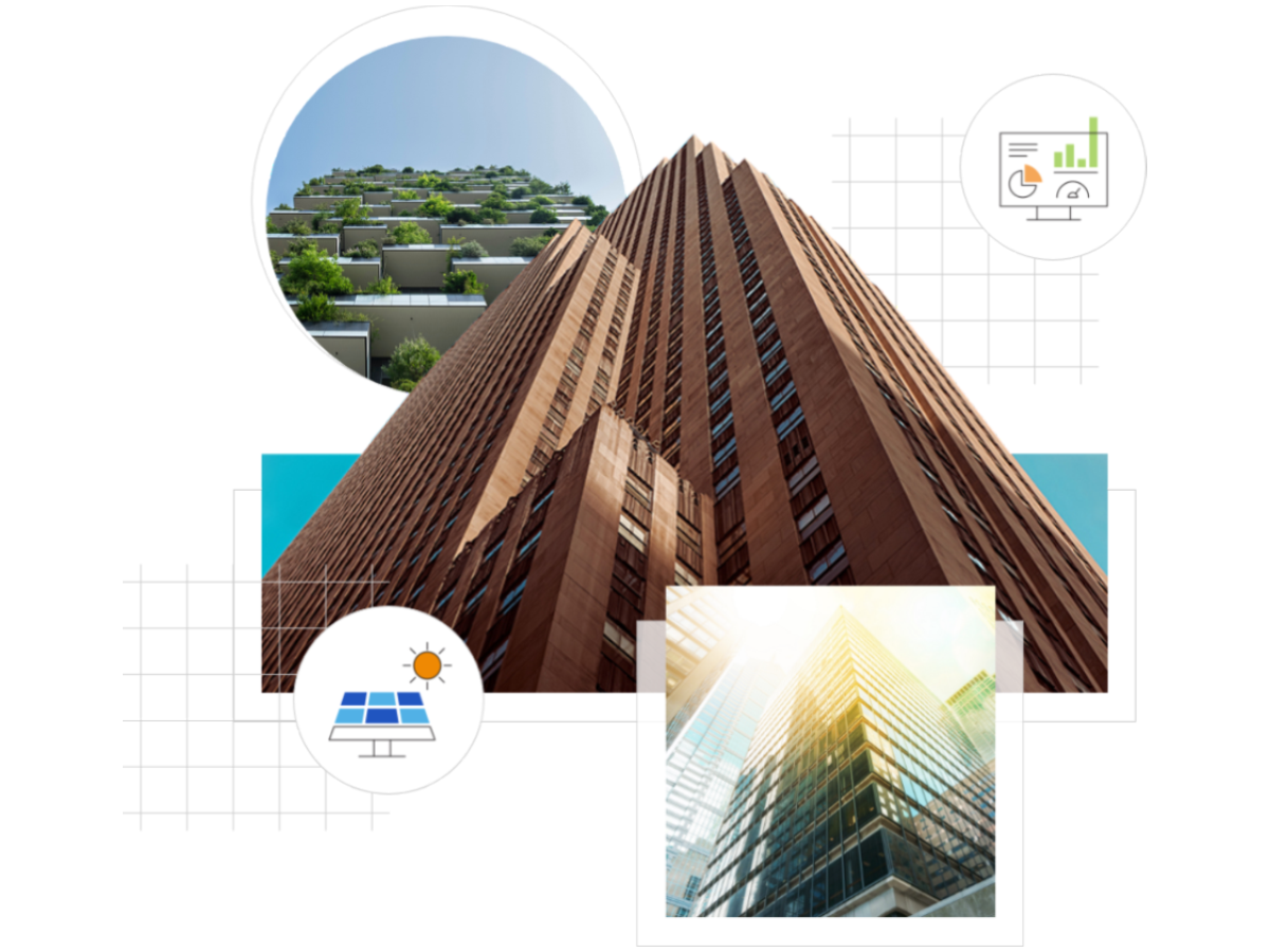 multiple images of green buildings