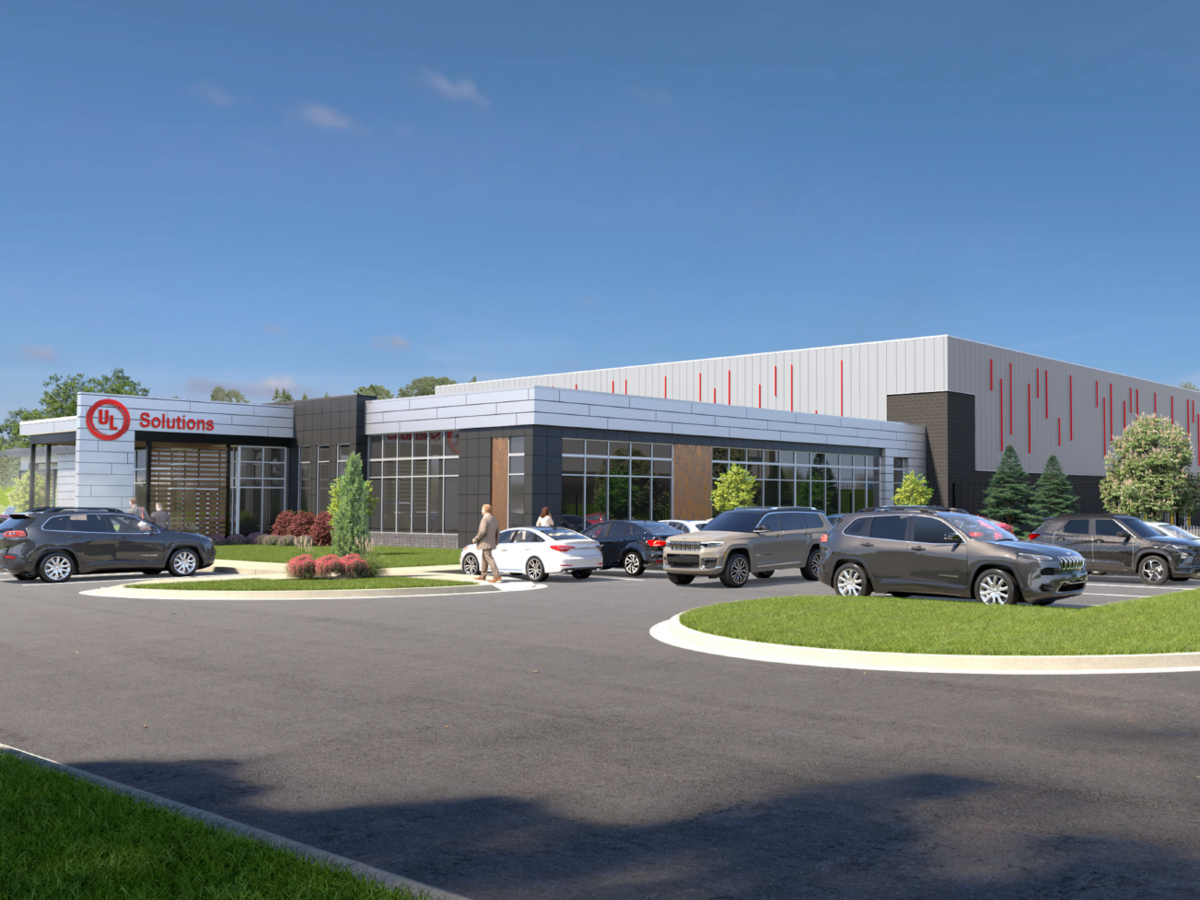 Exterior Front Entrance Rendering of the UL Solutions Battery Laboratory in Auburn Hills, Michigan