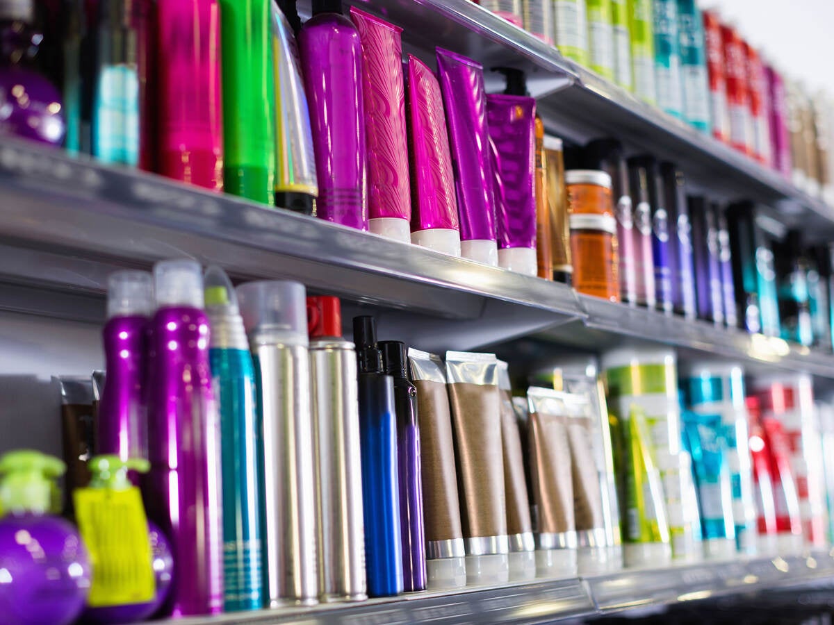 Beauty products on a shelf