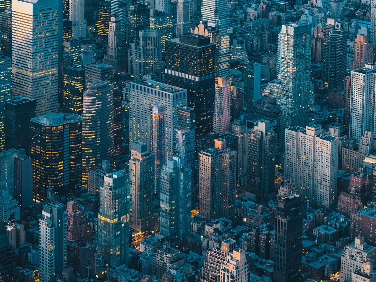 an aerial view of a city at night