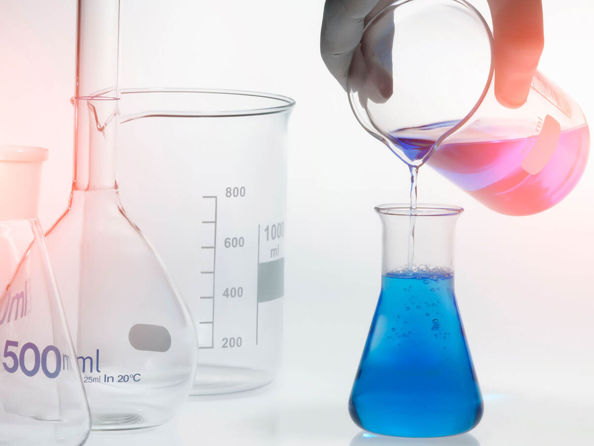 Blue chemical in a conical flask