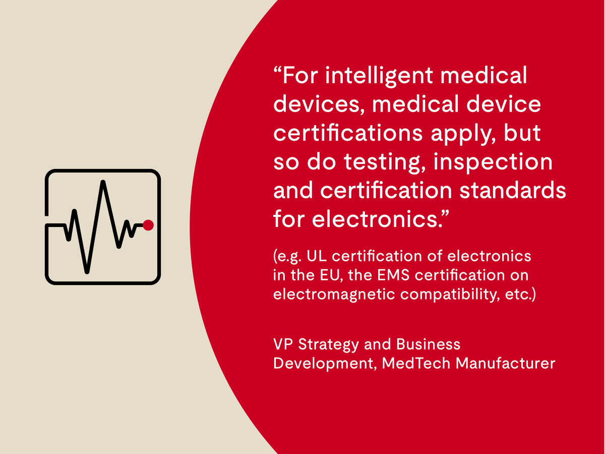 For intelligent medical devices, medical device certification apply, but so do testing, inspection and certification standards for electronics.