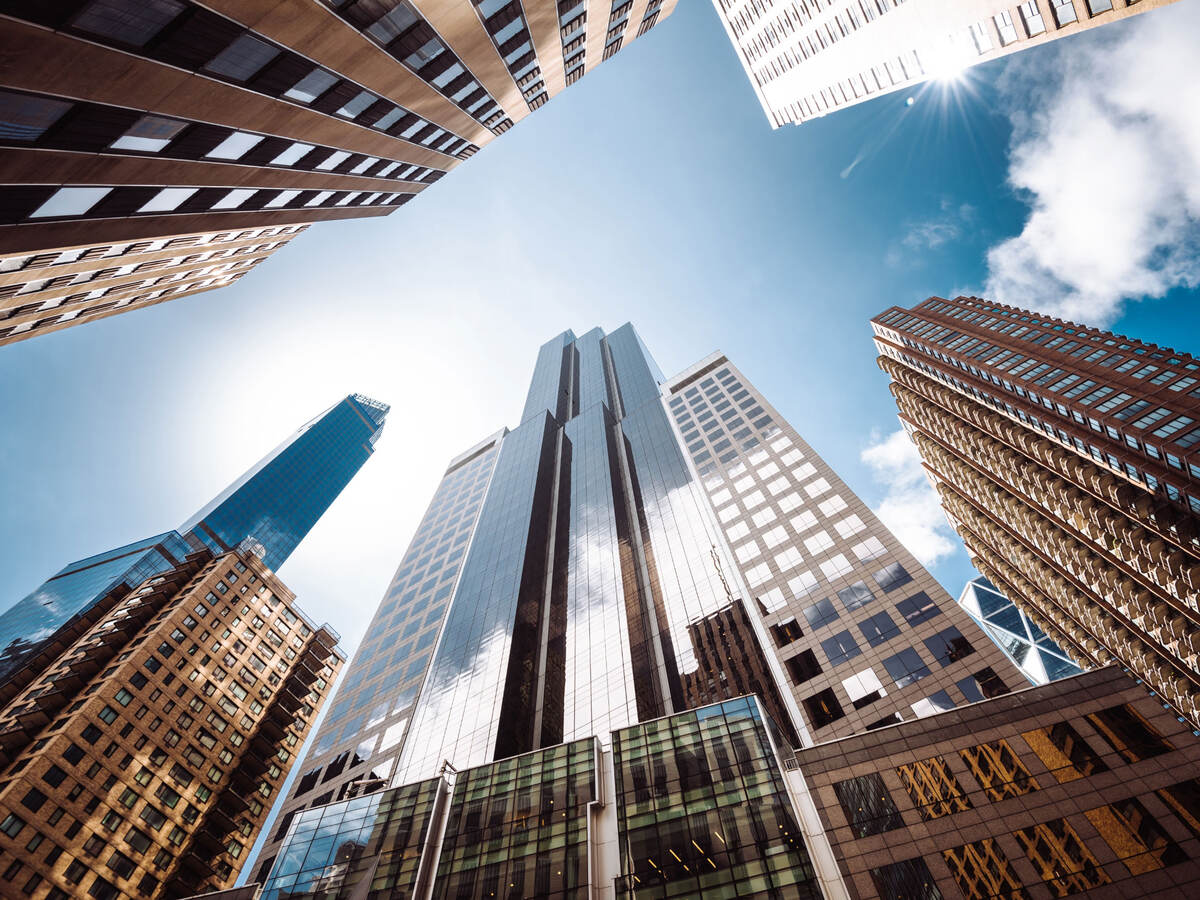 Upward view of skyscrapers