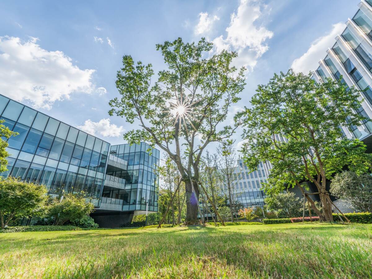 Modern eco city with green trees.