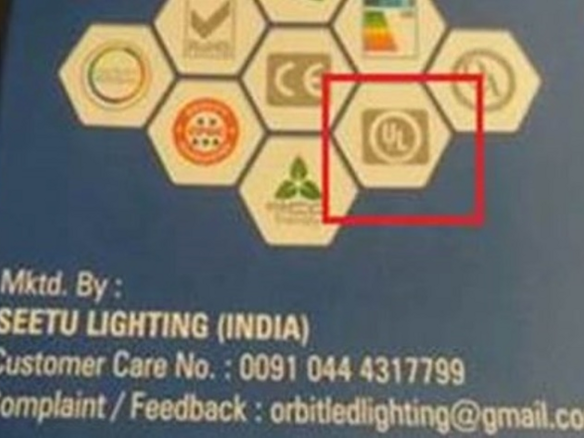 Unauthorized UL logo on lightbulb packaging up close