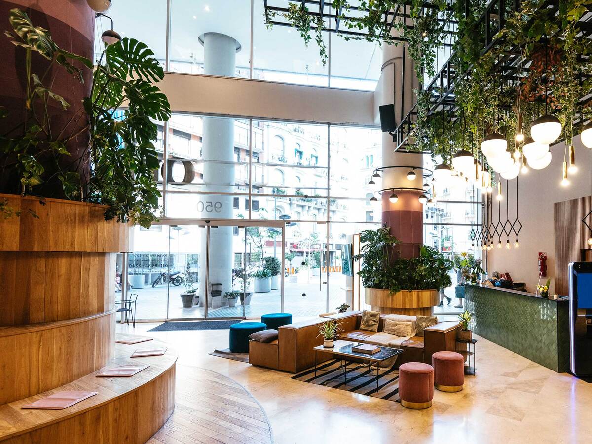 Interior of modern hotel lobby with lots of green plants