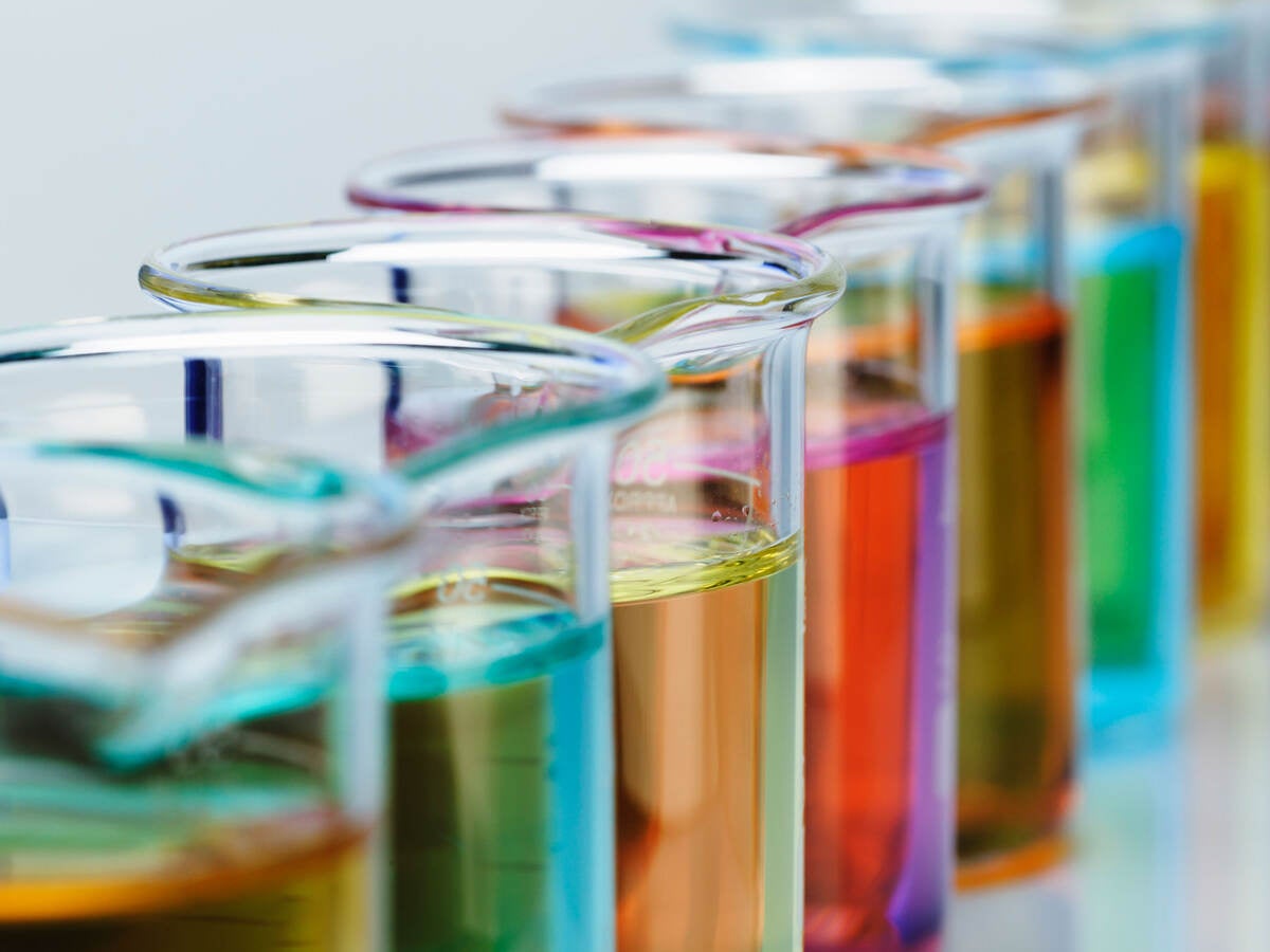 Beakers with colorful liquids