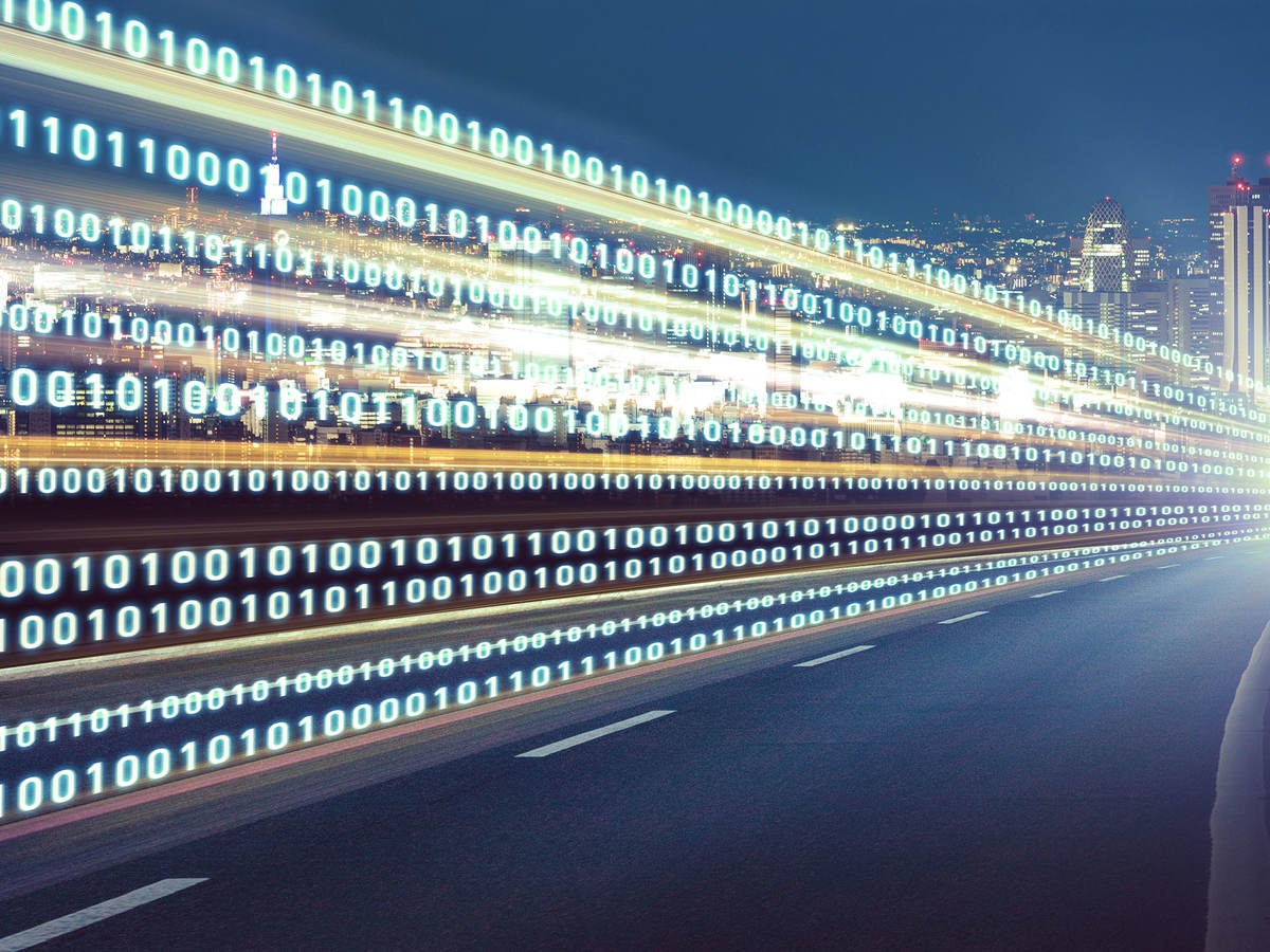 Digital signals flying over highway.