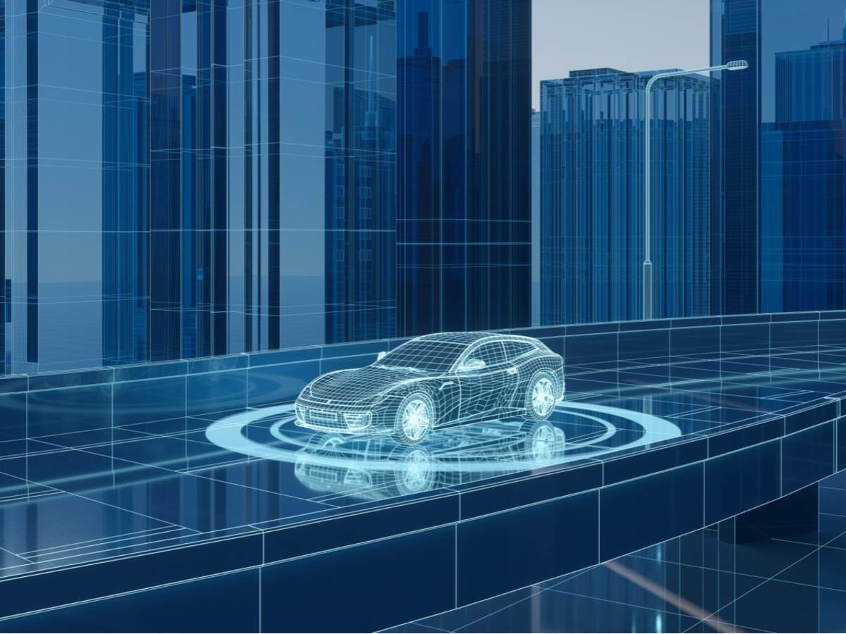 Autonomous vehicle with graphic rings around vehicle representing sensors