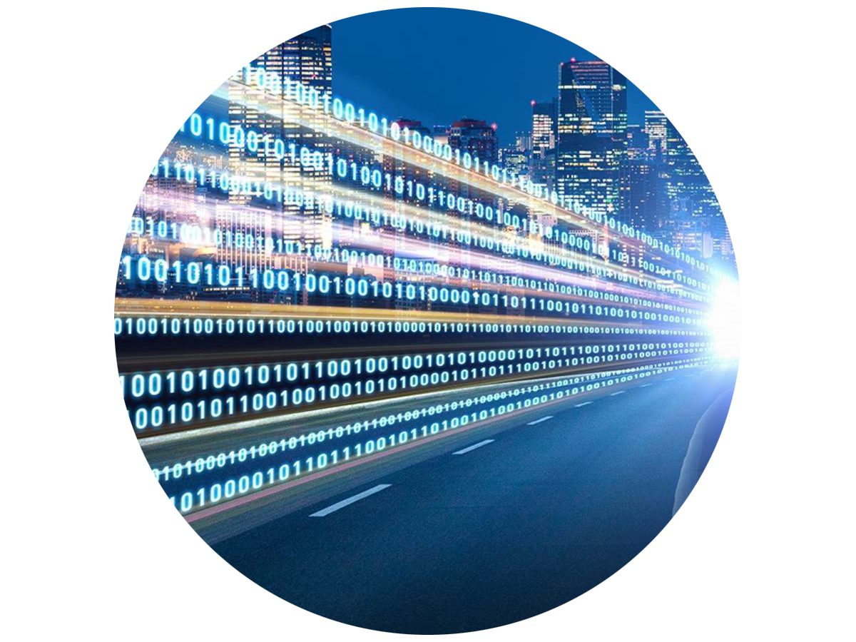 City highway at night with binary graphic