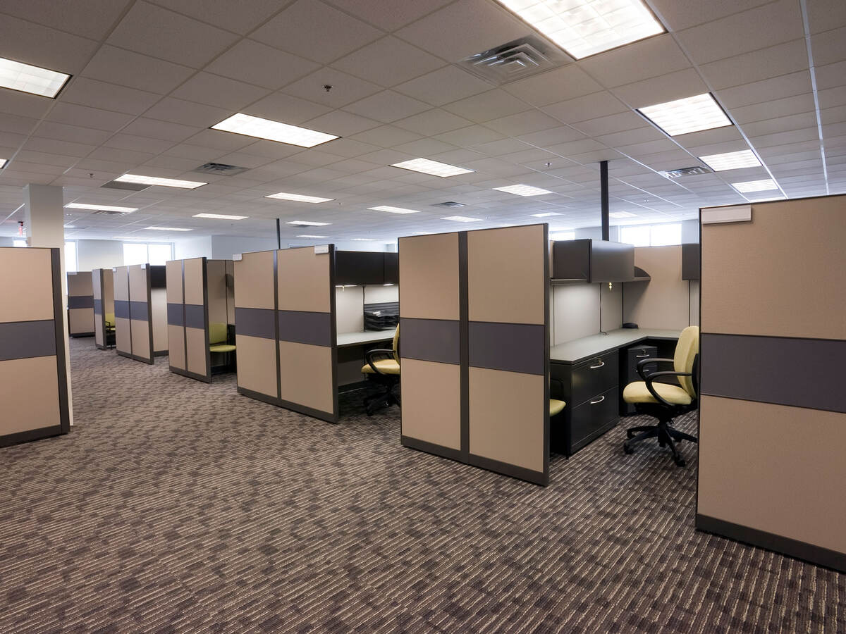 Several vacant cubicles in an office building