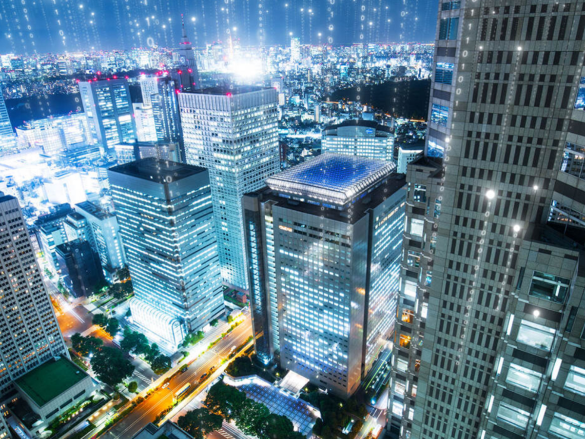 high rises with binary code swirling around buildings