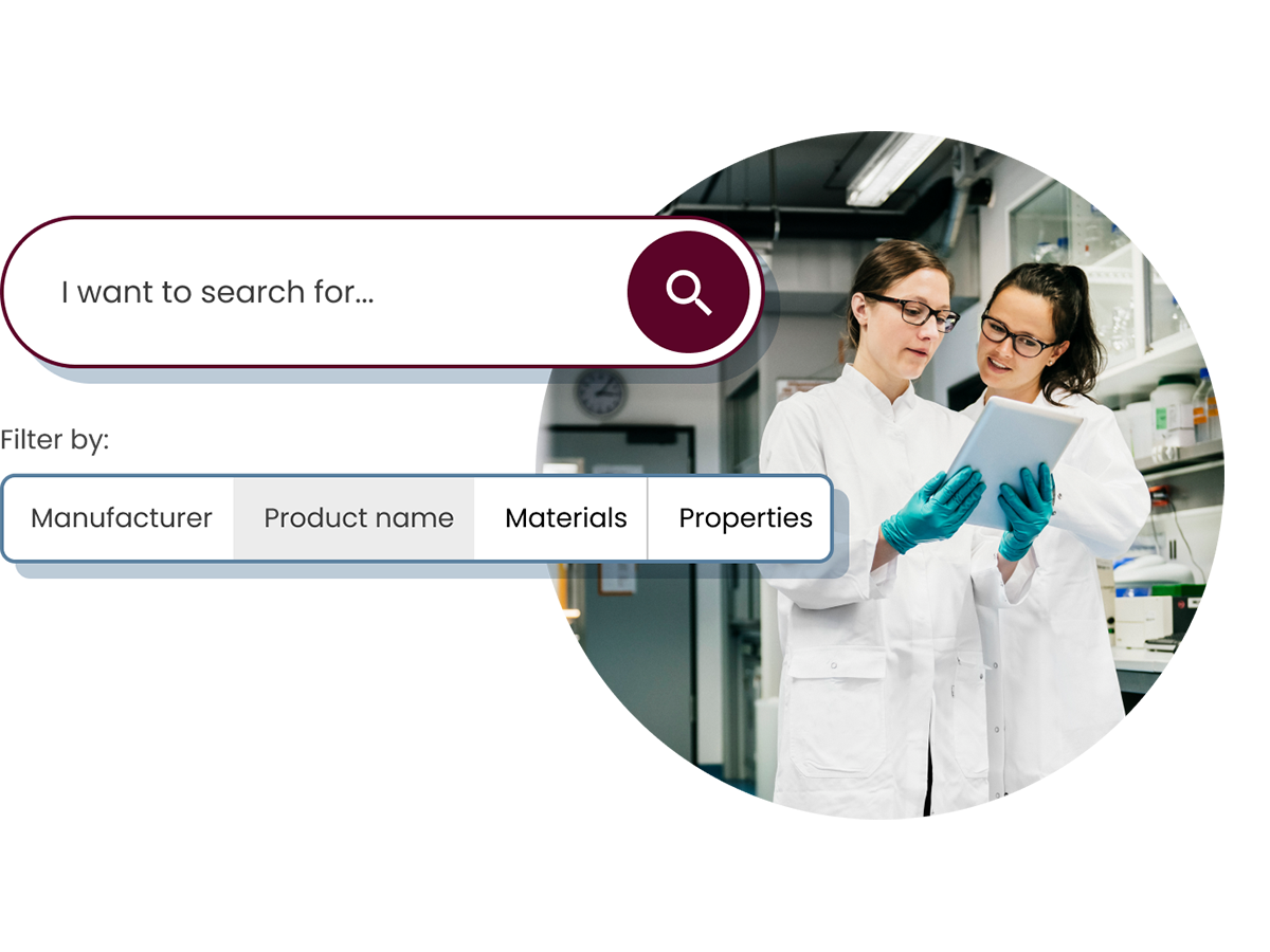 Two chemists searching for products on a tablet
