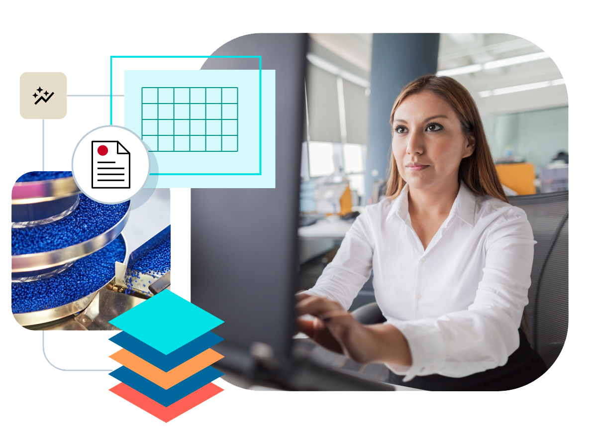 Business professional using a laptop as icons surround her