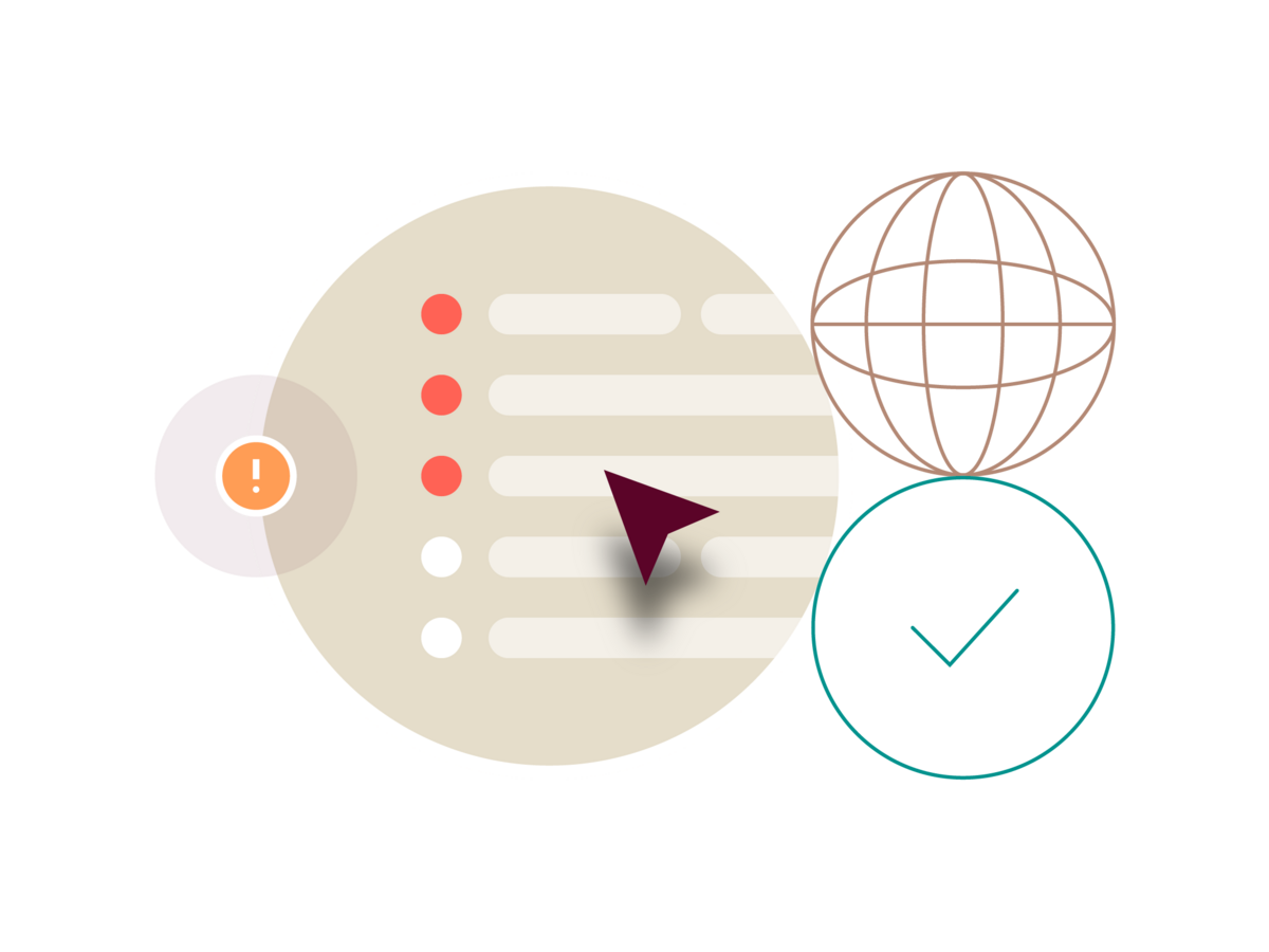 Illustration of a list next to a checkmark and a warning sign