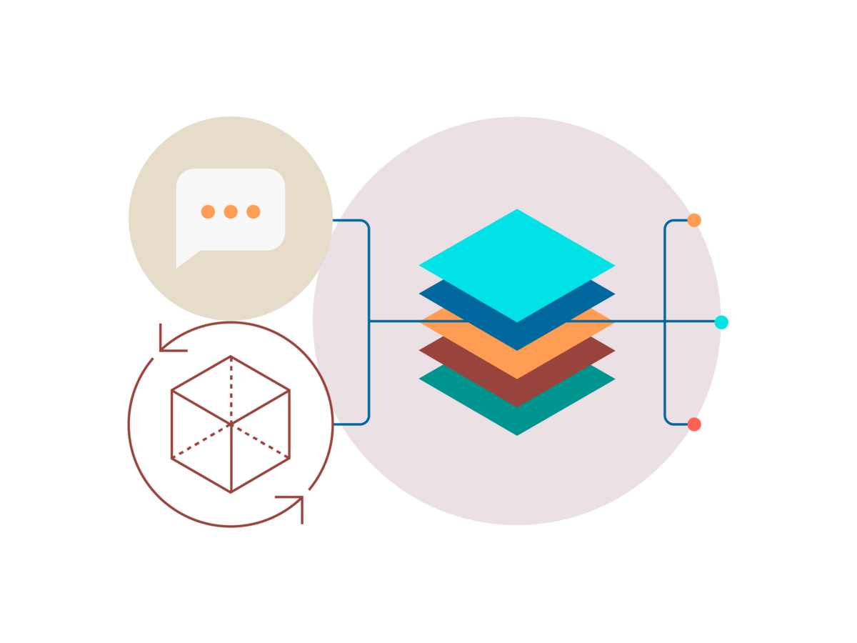 Illustration of a stack of colored squares next to an icon of a process cube and a conversation