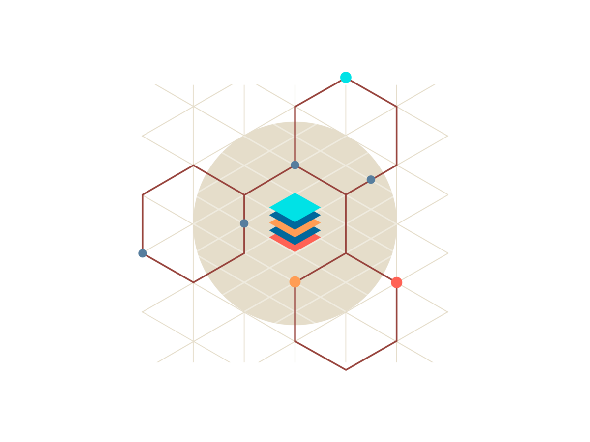 Illustration of a stack of colored squares surrounded by a chemical structure