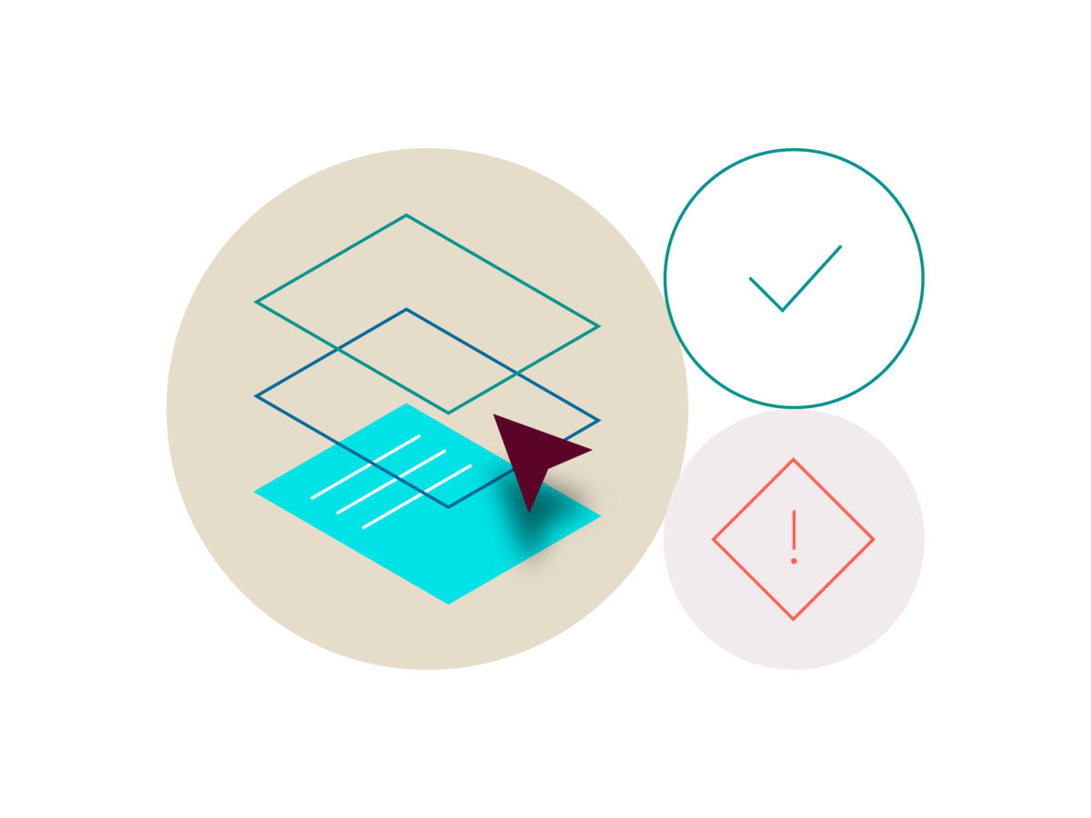 Illustration of a data sheet next to a checkmark and a warning symbol