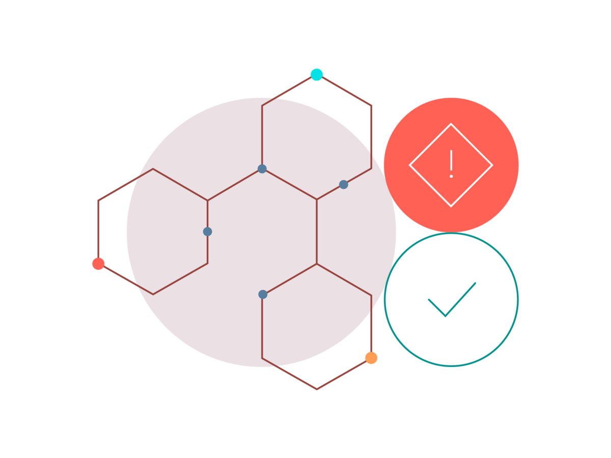 Illustration of a chemical structure next to a warning symbol and a checkmark