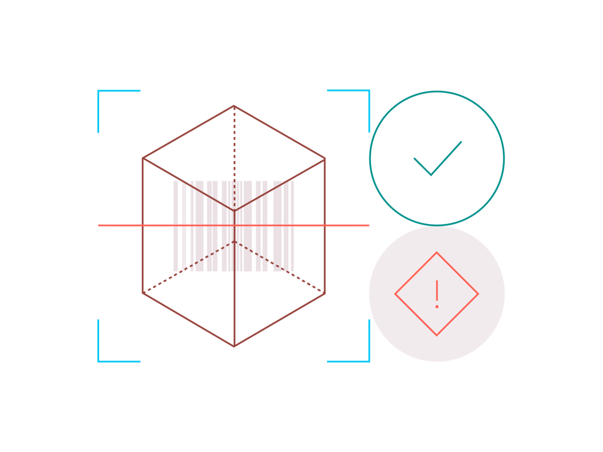 Illustration of a barcode next to a checkmark and a warning symbol