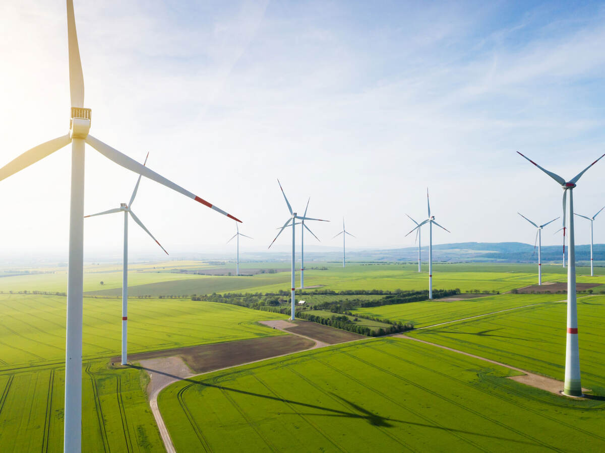 Sun shining over wind turbines on a wind farm