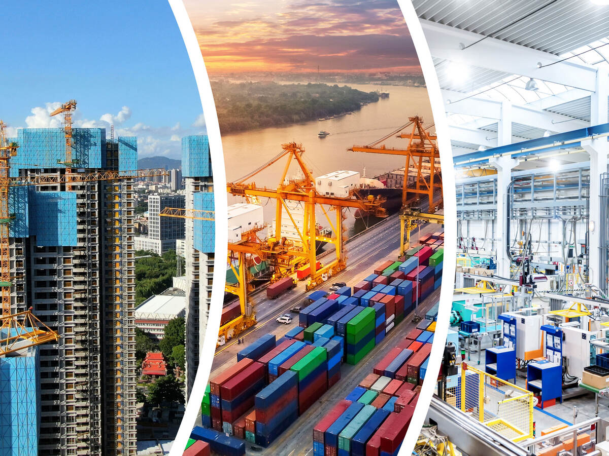 collage of buildings, industrial workplace and port