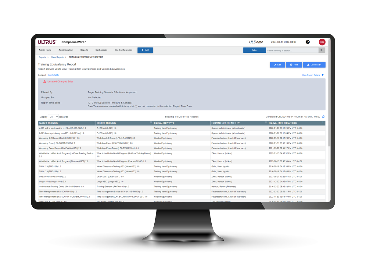 ComplianceWire Training Equivalency Report on a monitor