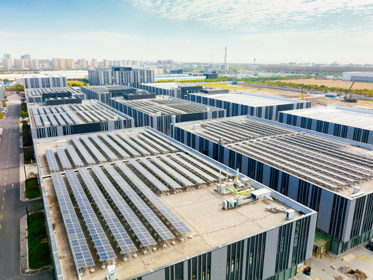 View from above of buildings with solar panels