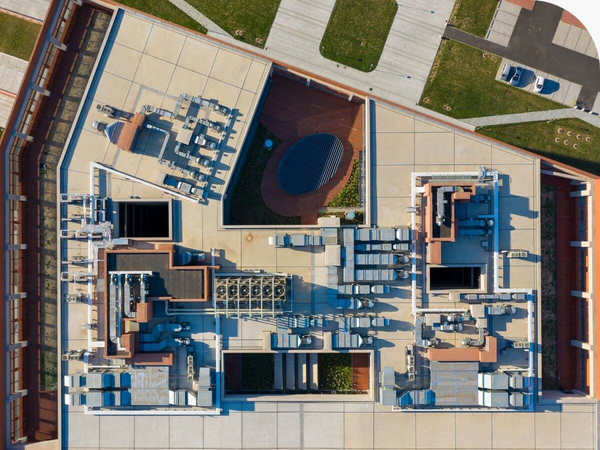 aerial view of building rooftop