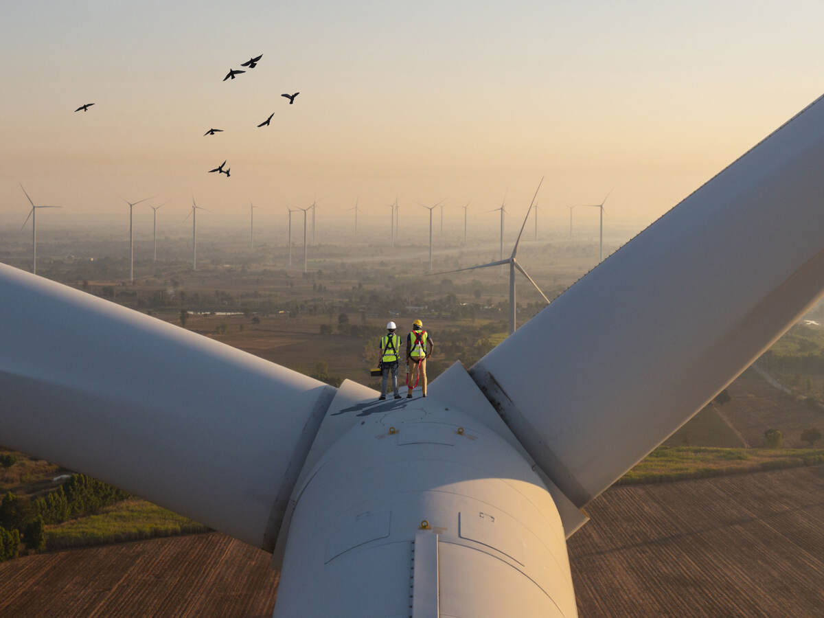 Technicians at the top of turbine blades