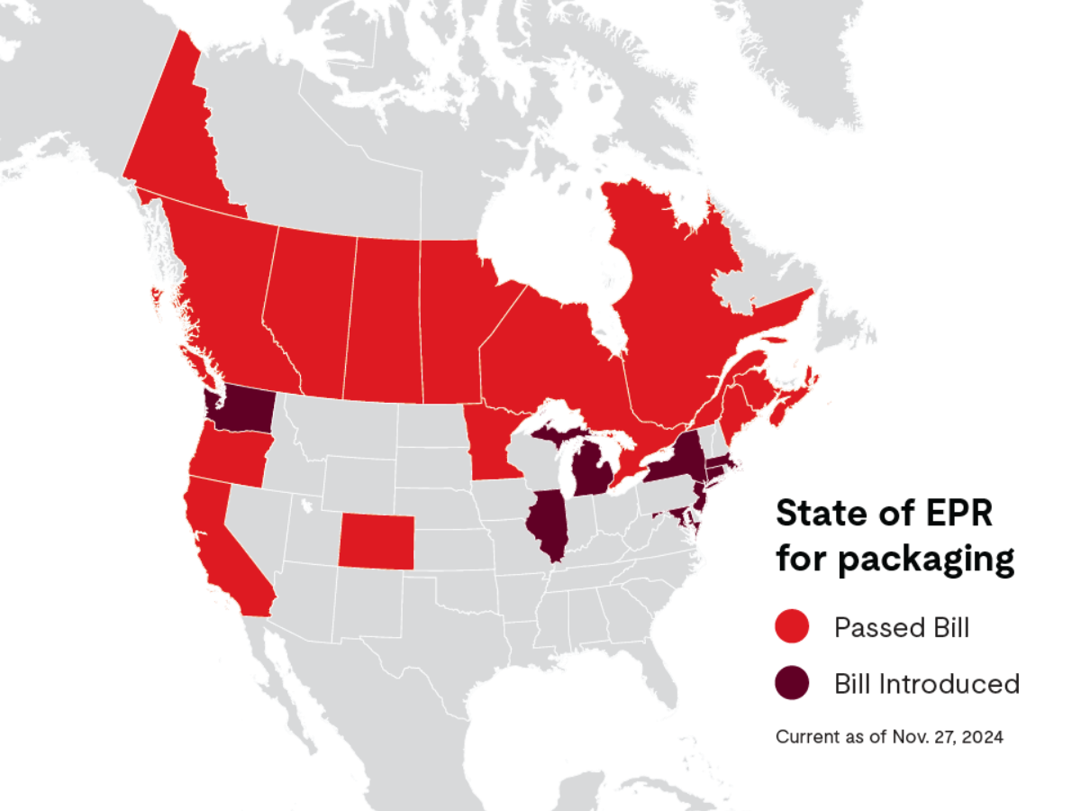 Map of North America showing the state of EPR for packaging