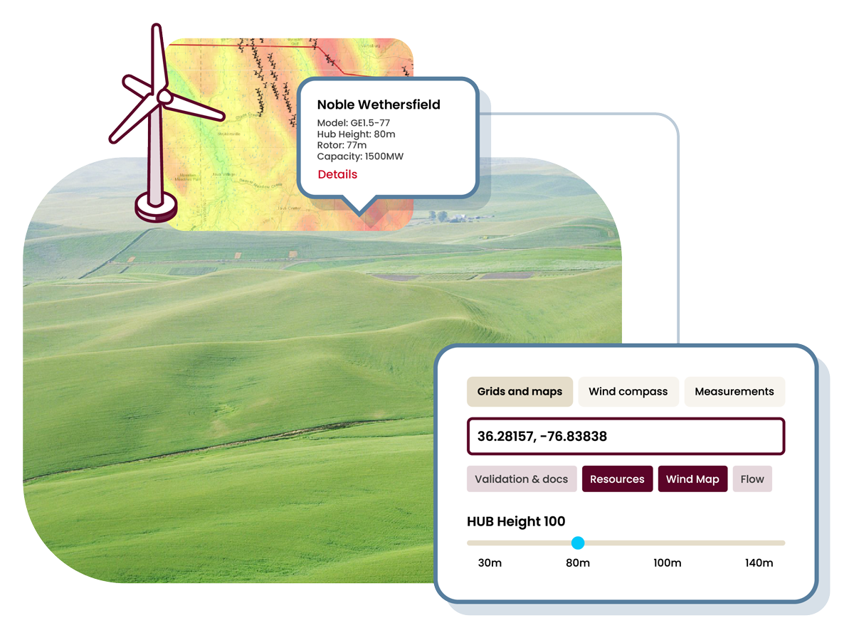 ULTRUS™ software displaying the location, model, HUB height, motor, and capacity of a wind turbine