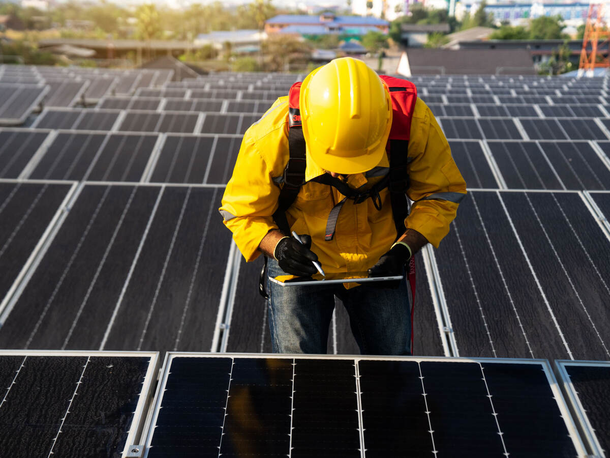 A person providing maintenance in a solar farm