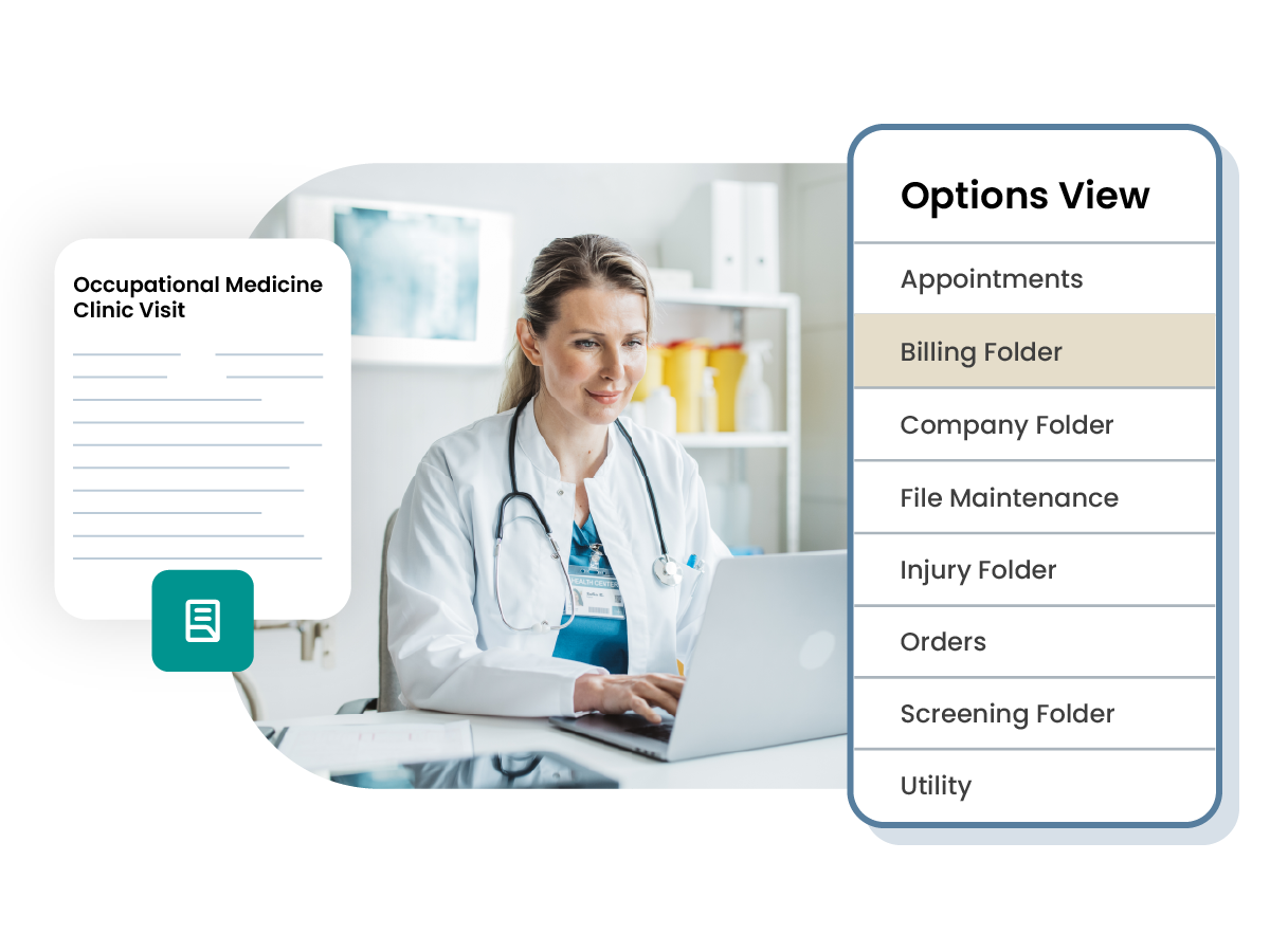 Doctor using ULTRUS™ occupational health software to select the billing folder within an occupational medical visit instance 