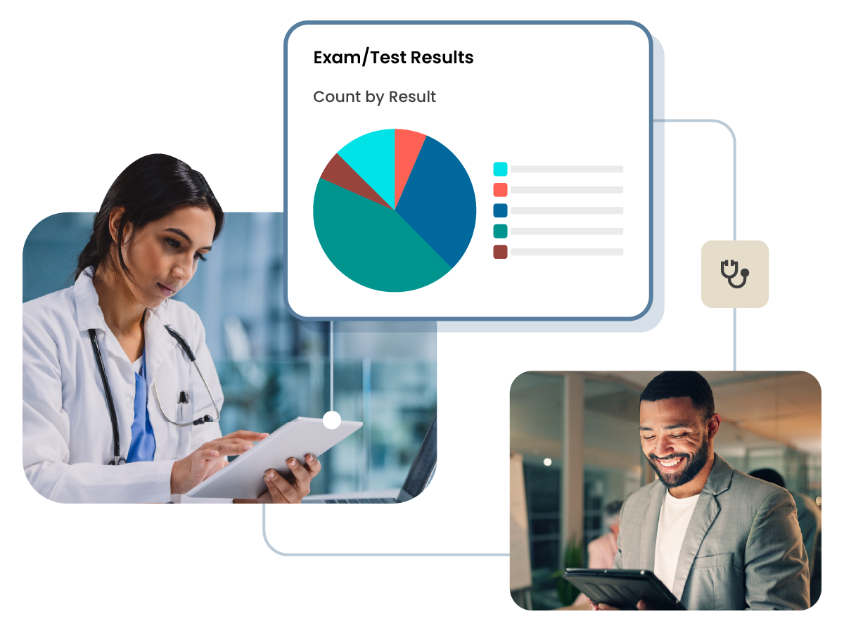 A doctor and an employer using ULTRUS™ occupational health software to view exam and test result data