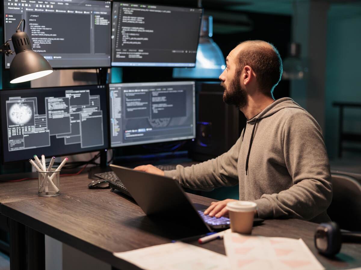 man in front of 5 computers