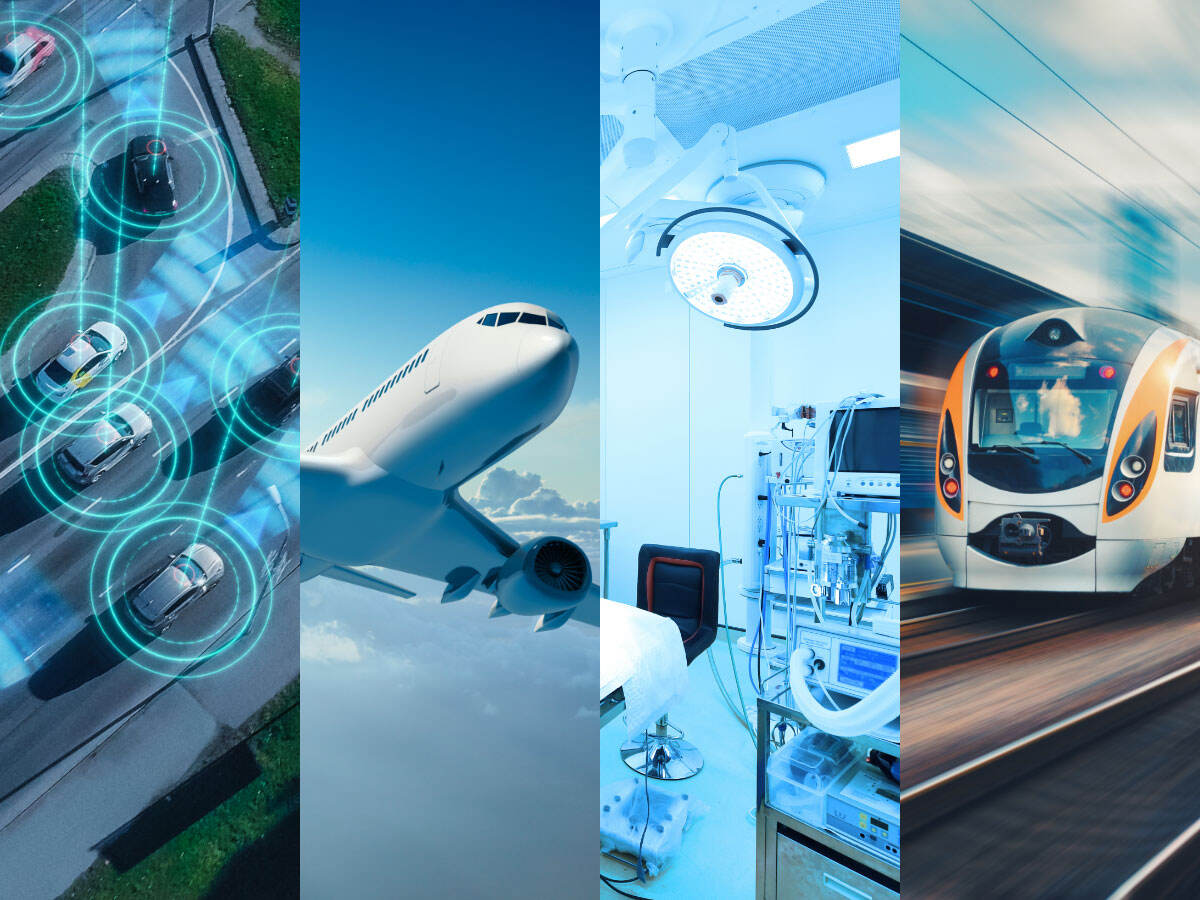 Collage of cars, airplane, train and medical equipment