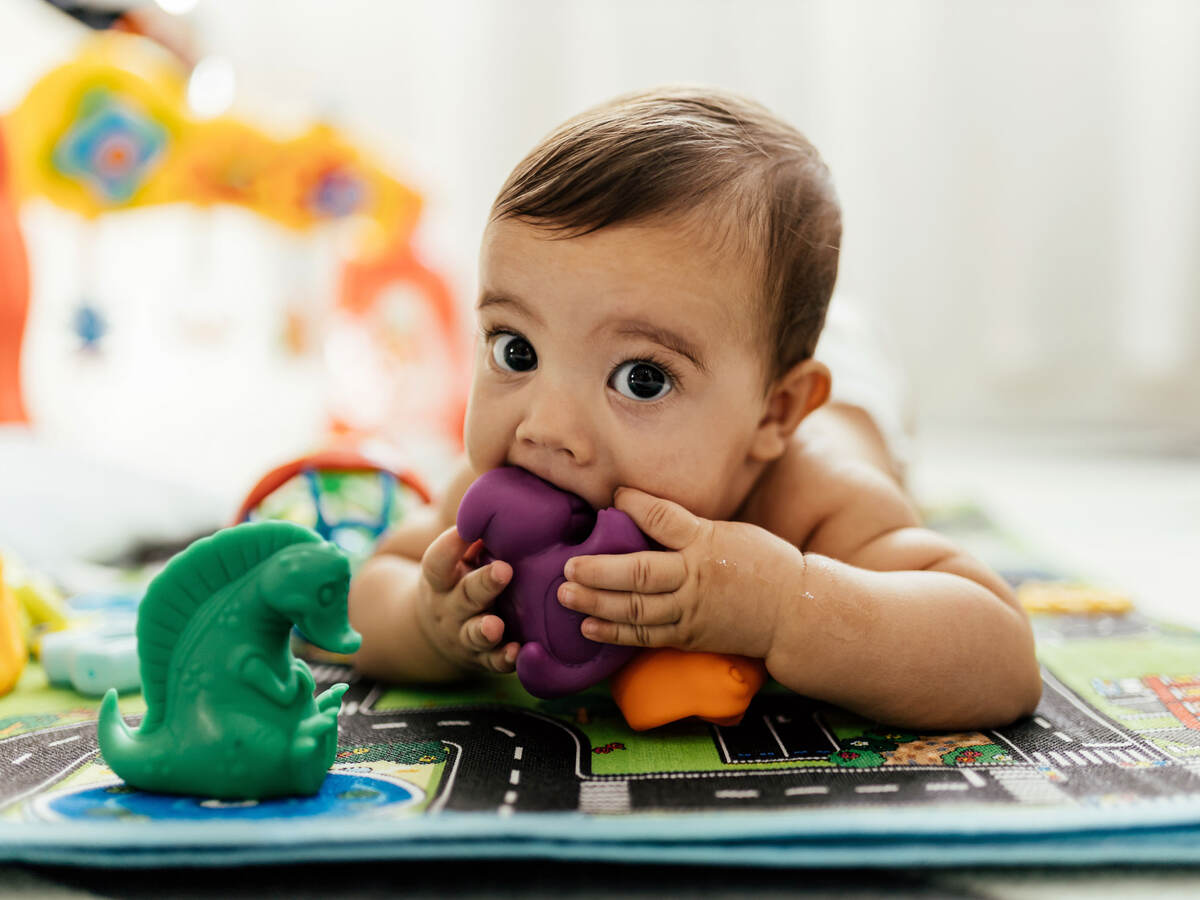 A baby with a toy in his mouth