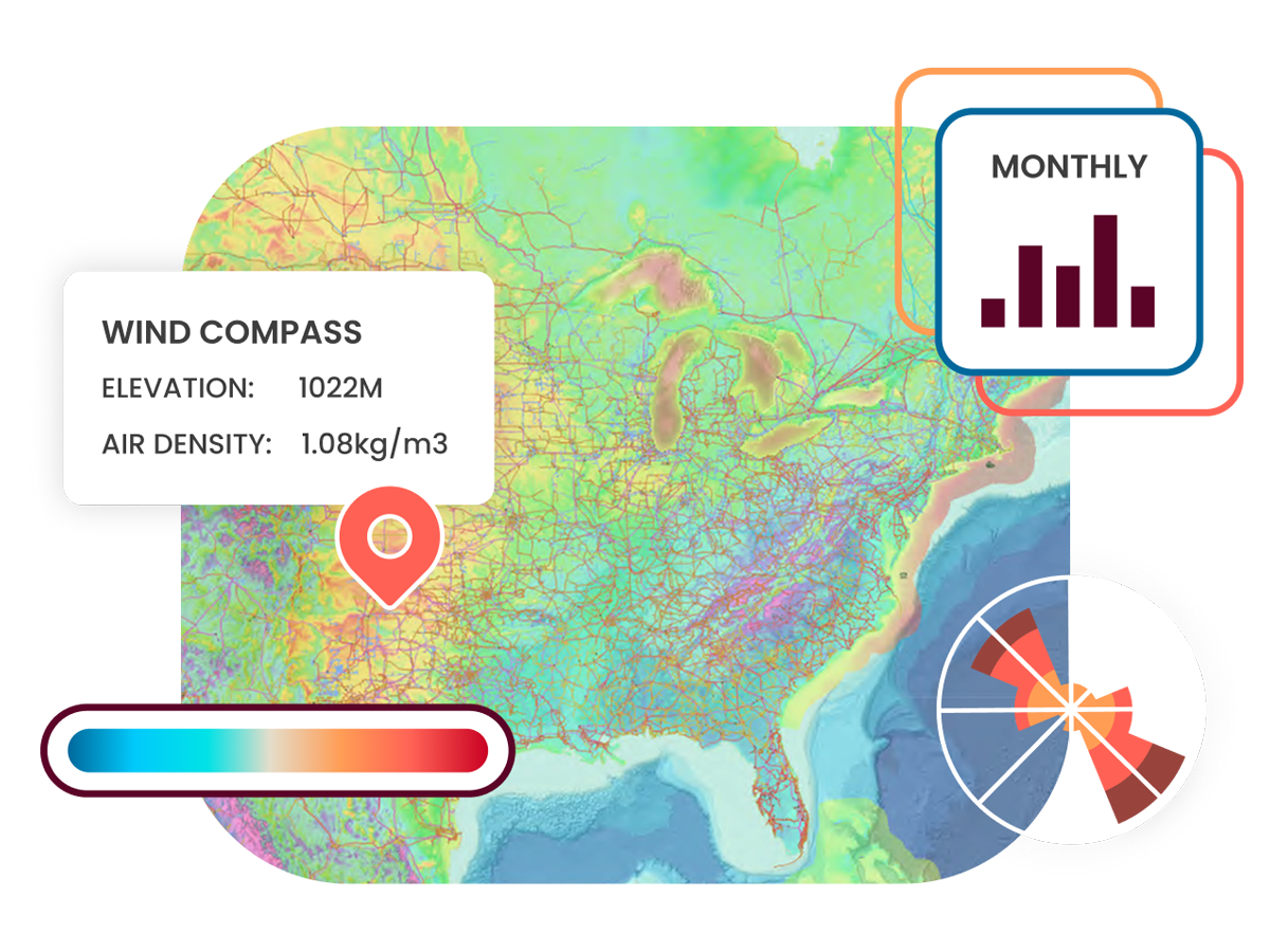Wind map of america showing wind compass elevation and air density
