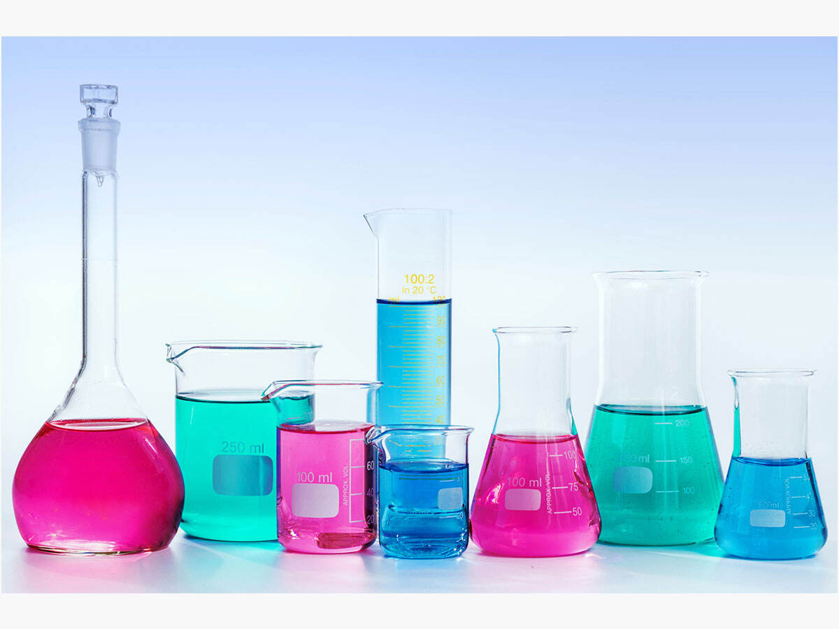 Colorful liquids in flasks