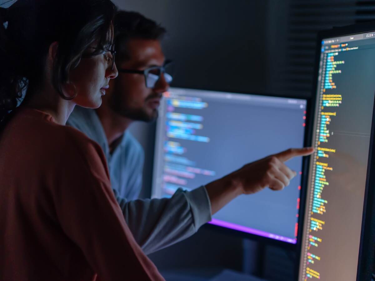 Two IT technicians reviewing a program's code