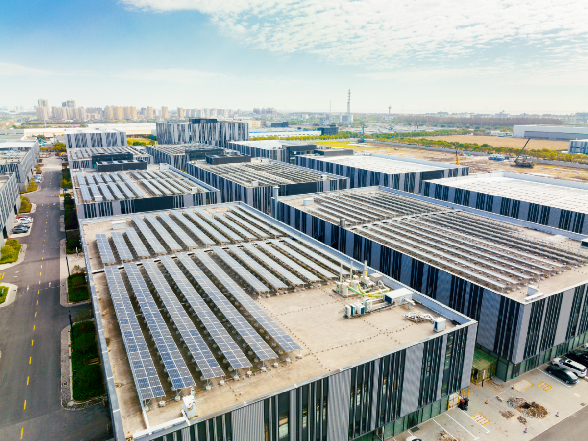 business park with solar panels on roofs