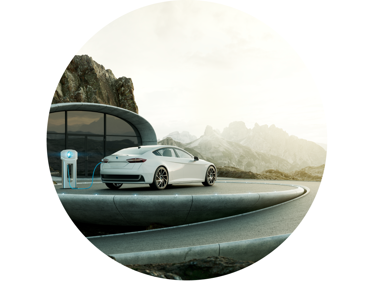 a circular image with an EV charging at a station