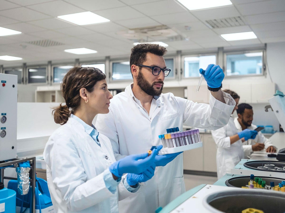 Two laboratory technicians working together
